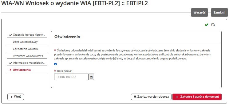 fragment ekranu systemu PUESC przedstawiający „Oświadczenie”