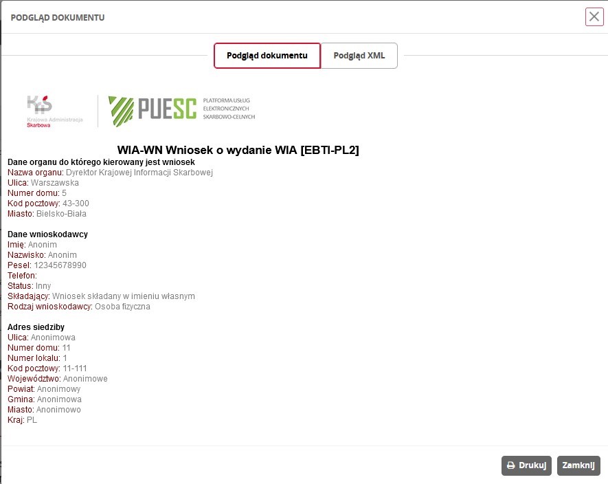 fragment ekranu systemu PUESC przedstawiający podgląd dokumentu