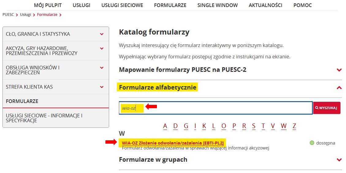 fragment ekranu systemu PUESC przedstawiający jak wybierać formularze z listy, z  czerwonymi strzałkami wskazującymi na tekst WIA-OZ Złożenie odwołania/zażalenia [EBTI-PL2].