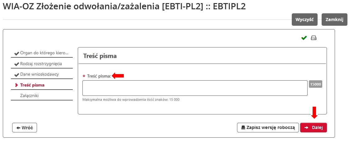 fragment ekranu systemu PUESC z czerwonymi strzałkami wskazującymi na tekst: „Treść pisma” oraz „Dalej”.
