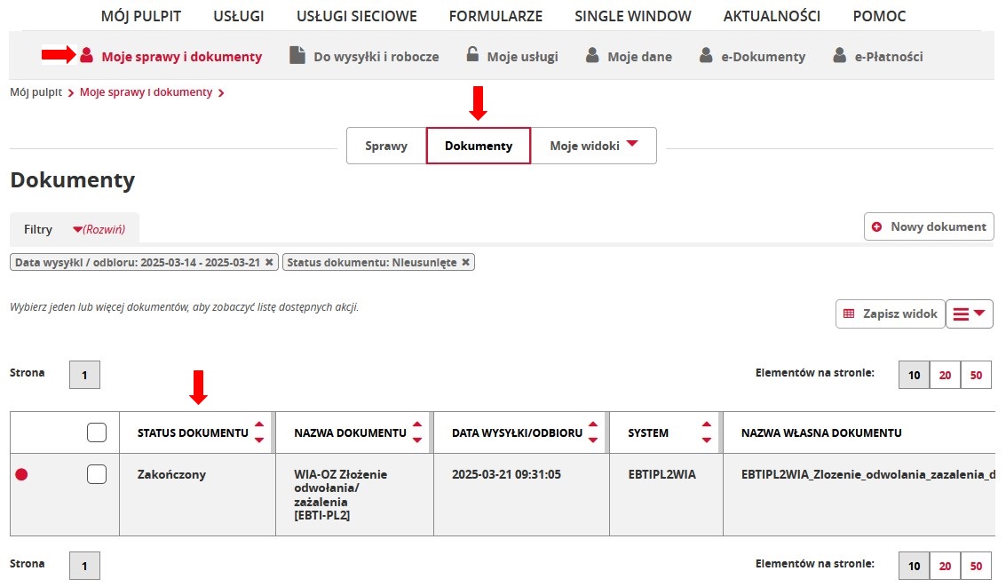 fragment ekranu systemu PUESC z czerwonymi strzałkami wskazującymi na tekst: „Moje sprawy i dokumenty”, „Dokumenty” oraz „Status dokumentu”.