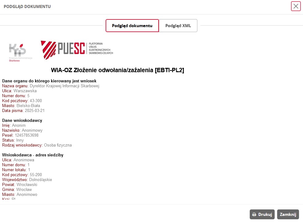 fragment ekranu systemu PUESC przedstawiający podgląd dokumentu.
