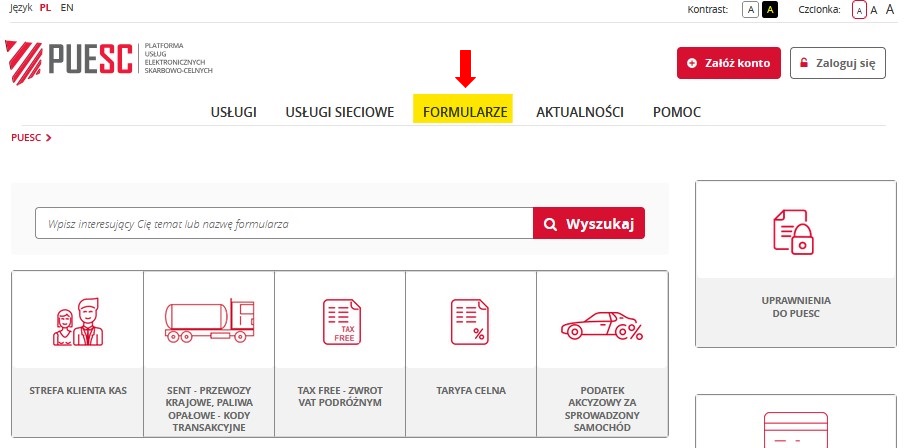 fragment ekranu systemu PUESC z zaznaczonym na żółto słowem, z czerwoną strzałką wskazującą na tekst: FORMULARZE,