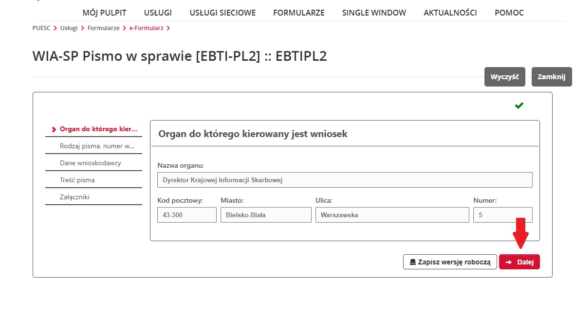 fragment ekranu systemu PUESC z czerwoną strzałką wskazującą na tekst: „Dalej”.