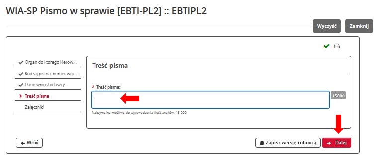 fragment ekranu systemu PUESC z czerwonymi strzałkami wskazującymi pole tekstowe do wypełnienia oraz na tekst: „Dalej”.