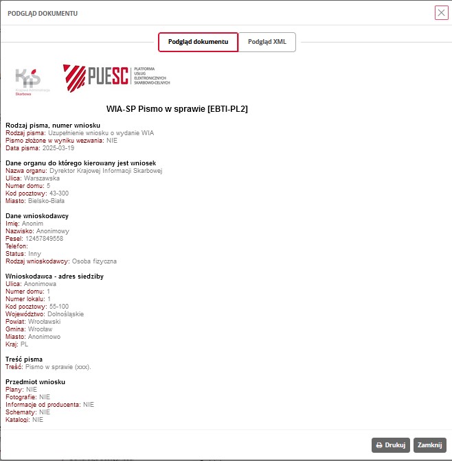 fragment ekranu systemu PUESC przedstawiający podgląd dokumentu.