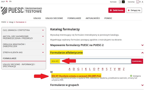 fragment ekranu systemu PUESC przedstawiający, jak wybierać formularze z listy z czerwonymi strzałkami wskazującymi na tekst WIA-WY oraz WIA-WY Wycofanie wniosku w sprawach WIA [EBTI-PL2].