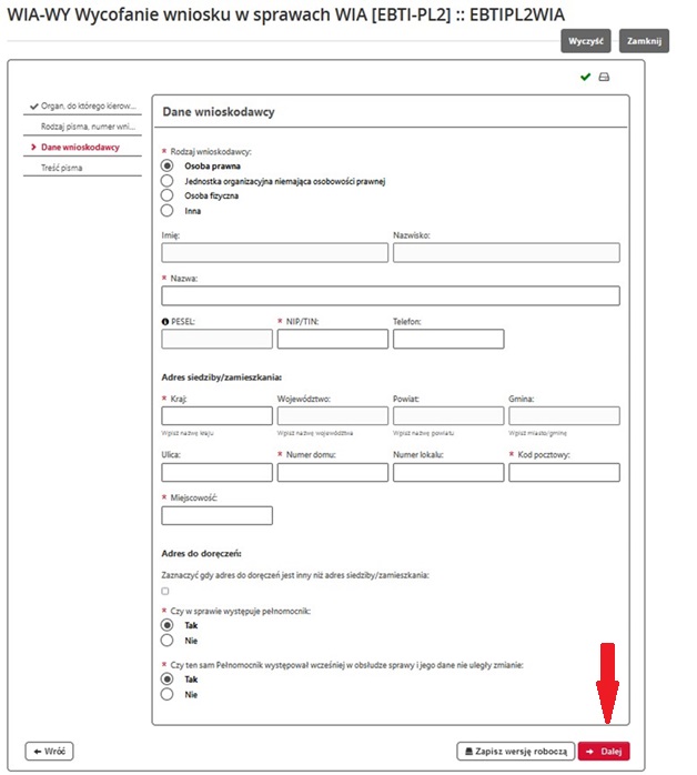 fragment ekranu systemu PUESC z czerwoną strzałką wskazującą na tekst: „Dalej”.