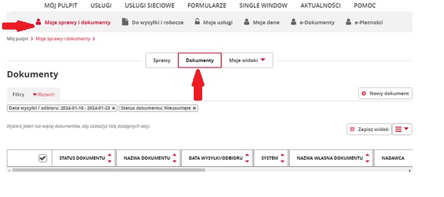 fragment ekranu systemu PUESC z czerwonymi strzałkami wskazującymi na tekst: „Moje sprawy i dokumenty” oraz  „Dokumenty”.