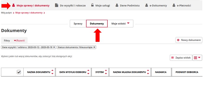 fragment ekranu systemu PUESC z czerwonymi strzałkami wskazującymi na tekst: „Moje sprawy i dokumenty” oraz „Dokumenty”.