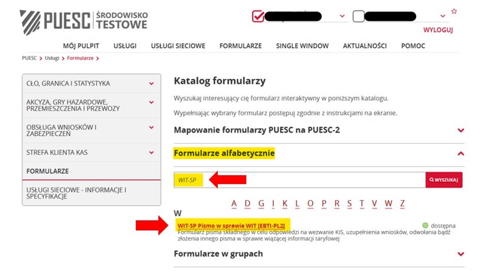 fragment ekranu systemu PUESC przedstawiający, jak wybierać formularze z listy z czerwonymi strzałkami wskazującymi na tekst WIT-SP oraz WIT-SP Pismo w sprawie WIT [EBTI-PL2].