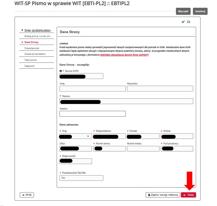 fragment ekranu systemu PUESC z czerwoną strzałką wskazującą na pole: „Dalej”.