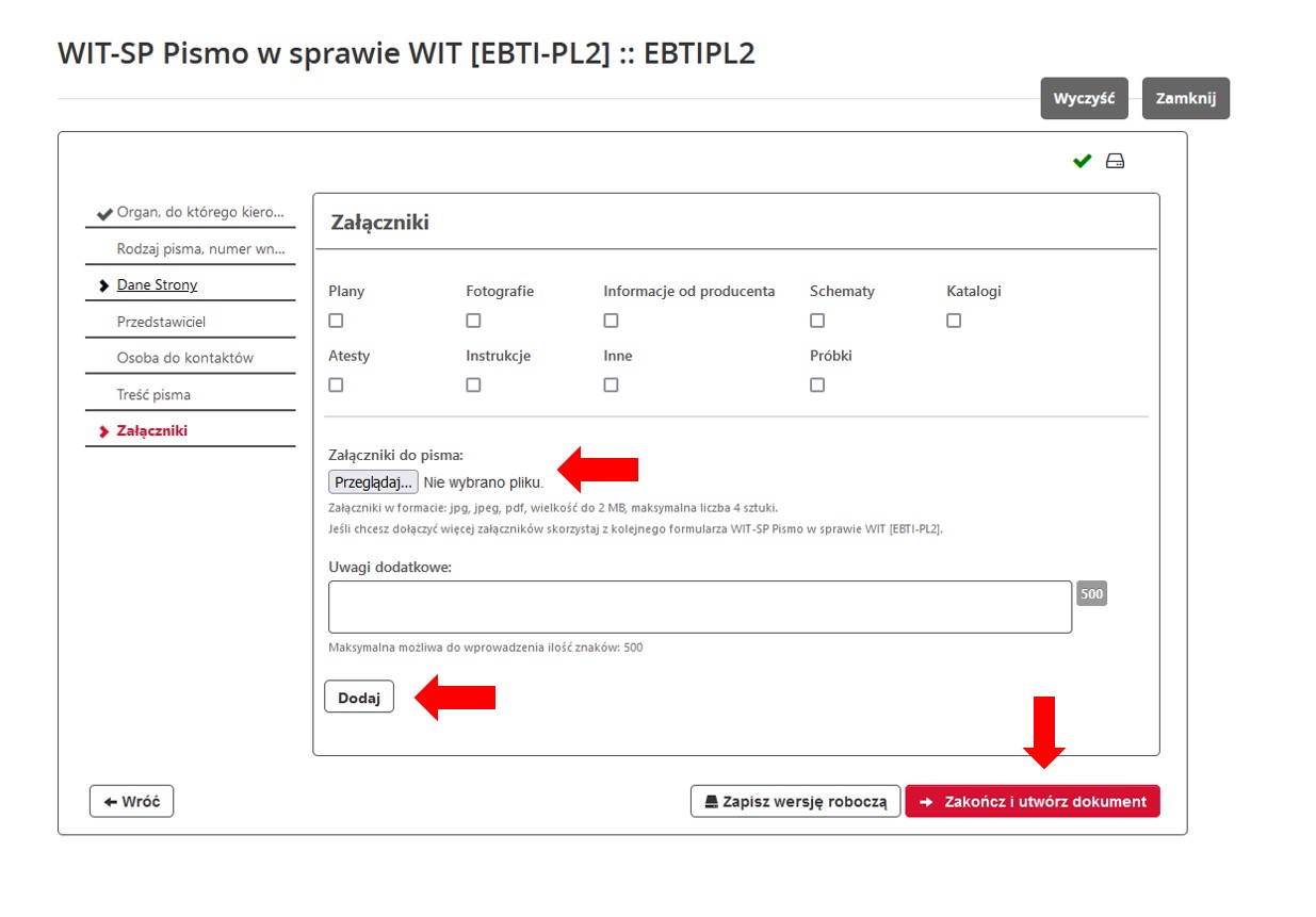 fragment ekranu systemu PUESC z czerwonymi strzałkami wskazującymi na przycisk umożlwiający załączenie załączników, tekst „Dodaj” oraz „Zakończ i utwórz dokument”.