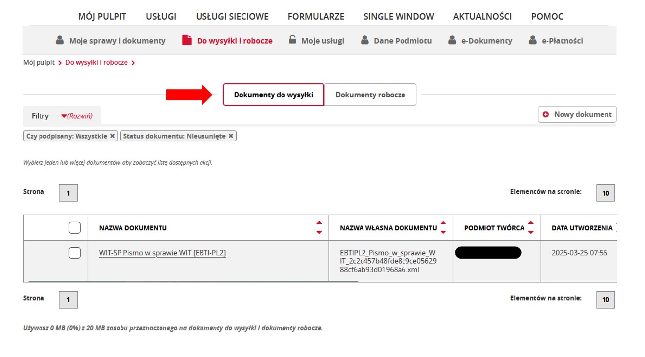fragment ekranu systemu PUESC z czerwoną strzałką wskazującą na tekst: „Dokumenty do wysyłki”.