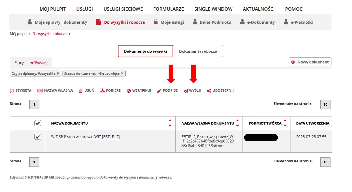 fragment ekranu systemu PUESC z czerwonymi strzałkami wskazującymi na tekst: „Podpisz” oraz „Wyślij”.