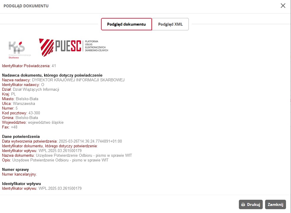 fragment ekranu systemu PUESC przedstawiający podgląd dokumentu.