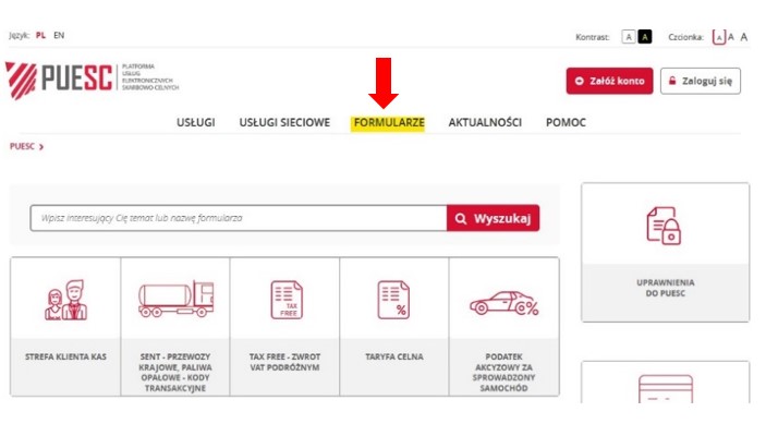 fragment ekranu systemu PUESC z zaznaczonym na żółto, z czerwoną strzałką wskazującą na tekst: FORMULARZE.