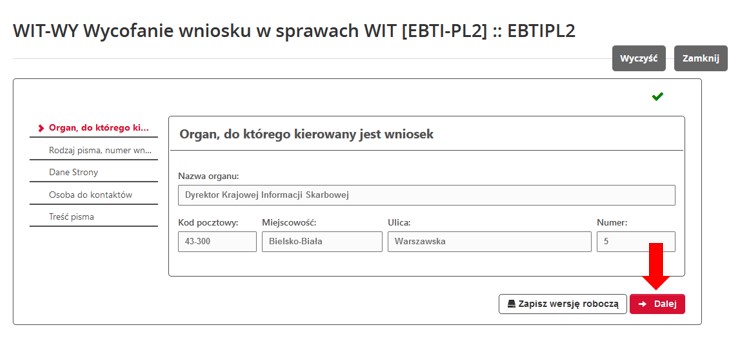 fragment ekranu systemu PUESC z czerwoną strzałką wskazującą na tekst: „Dalej”.