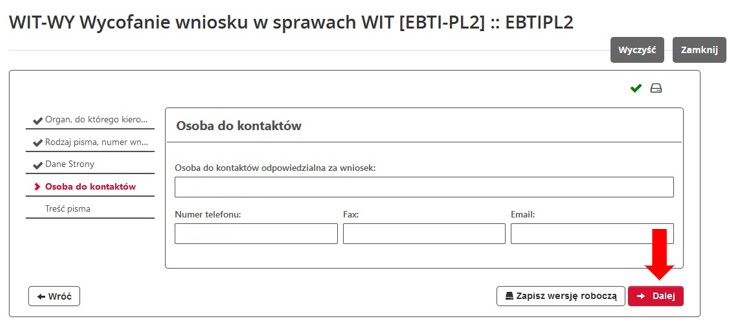 fragment ekranu systemu PUESC z czerwoną strzałką wskazującą na tekst: „Dalej”.
