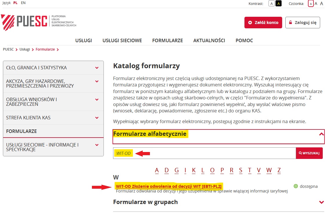 fragment ekranu systemu PUESC przedstawiający, jak wybierać formularze z listy z czerwonymi strzałkami wskazującymi na tekst WIT-OD oraz WIT-OD Złożenie odwołania od decyzji WIT [EBTI-PL2].