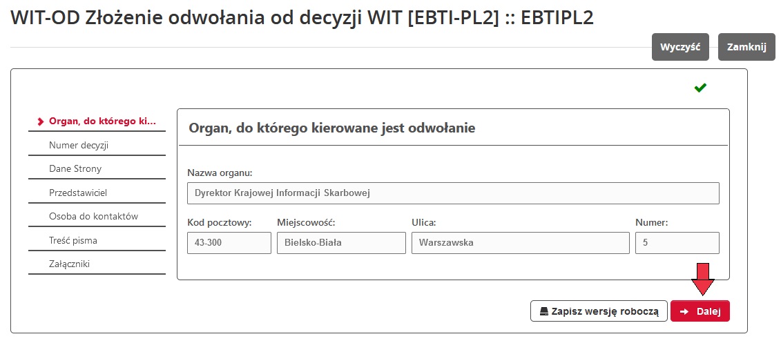 fragment ekranu systemu PUESC z czerwoną strzałką wskazującą na tekst: „Dalej”.