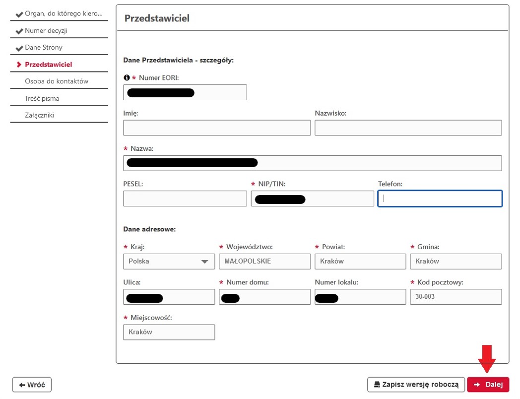 fragment ekranu systemu PUESC z czerwoną strzałką wskazującą na tekst: „Dalej”.