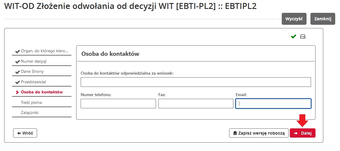 fragment ekranu systemu PUESC z czerwoną strzałką wskazującą na tekst: „Dalej”.