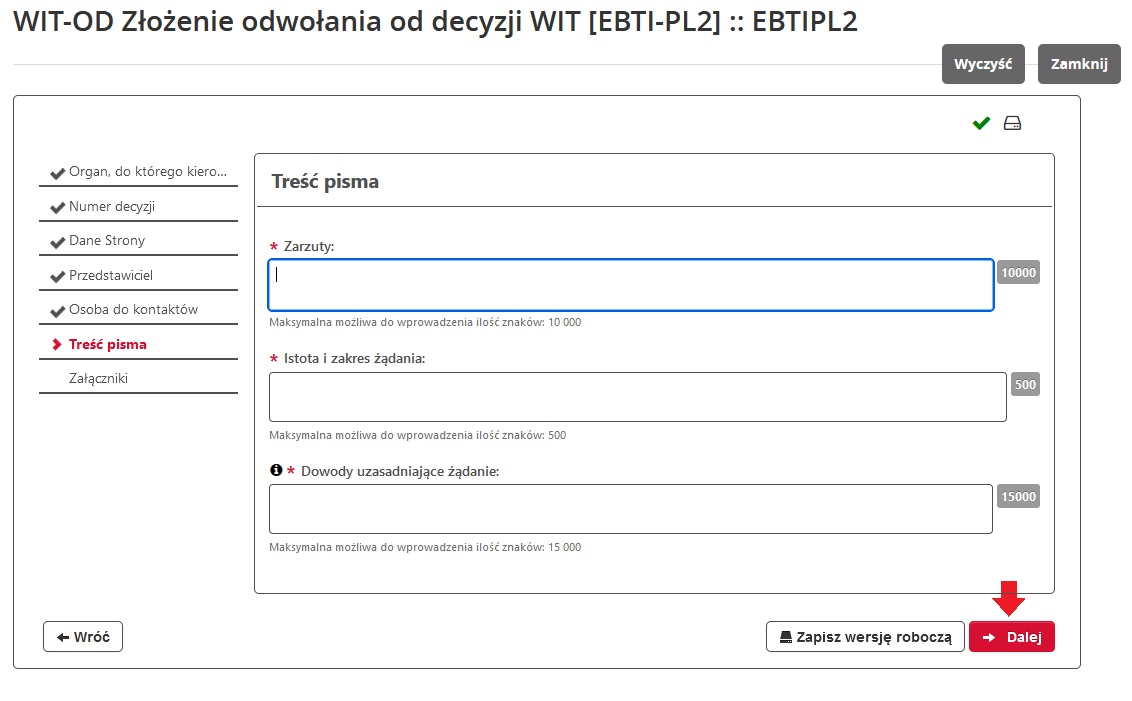 fragment ekranu systemu PUESC z czerwoną strzałką wskazującą na tekst: „Dalej”.