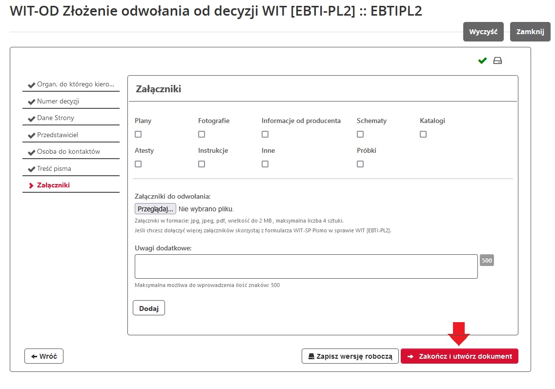 fragment ekranu systemu PUESC z czerwoną strzałką wskakującą „Zakończ i utwórz dokument”.
